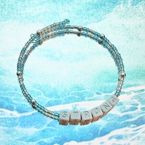 Handmade Memory Wire Seed Bead Affirmation "Strong" Bracelet Silver Ocean Water